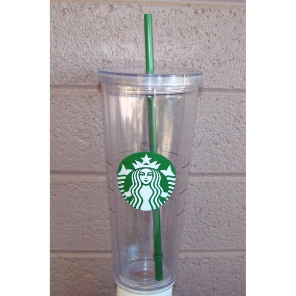 Starbucks Cold Cup Clear Venti Tumbler Traveler Green Straw Lid Large Logo 24 oz - Picture 2 of 12
